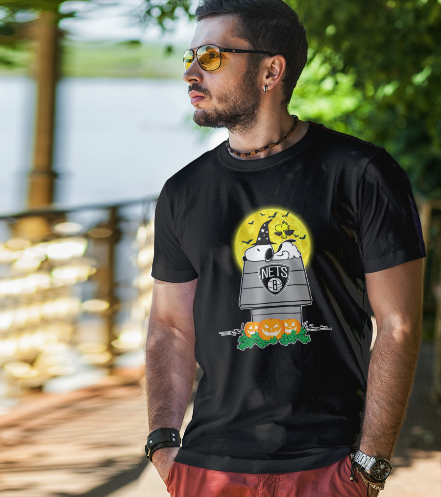 Brooklyn Nets Snoopy Halloween Moon With Pumpkins And Woodstock T-Shirt