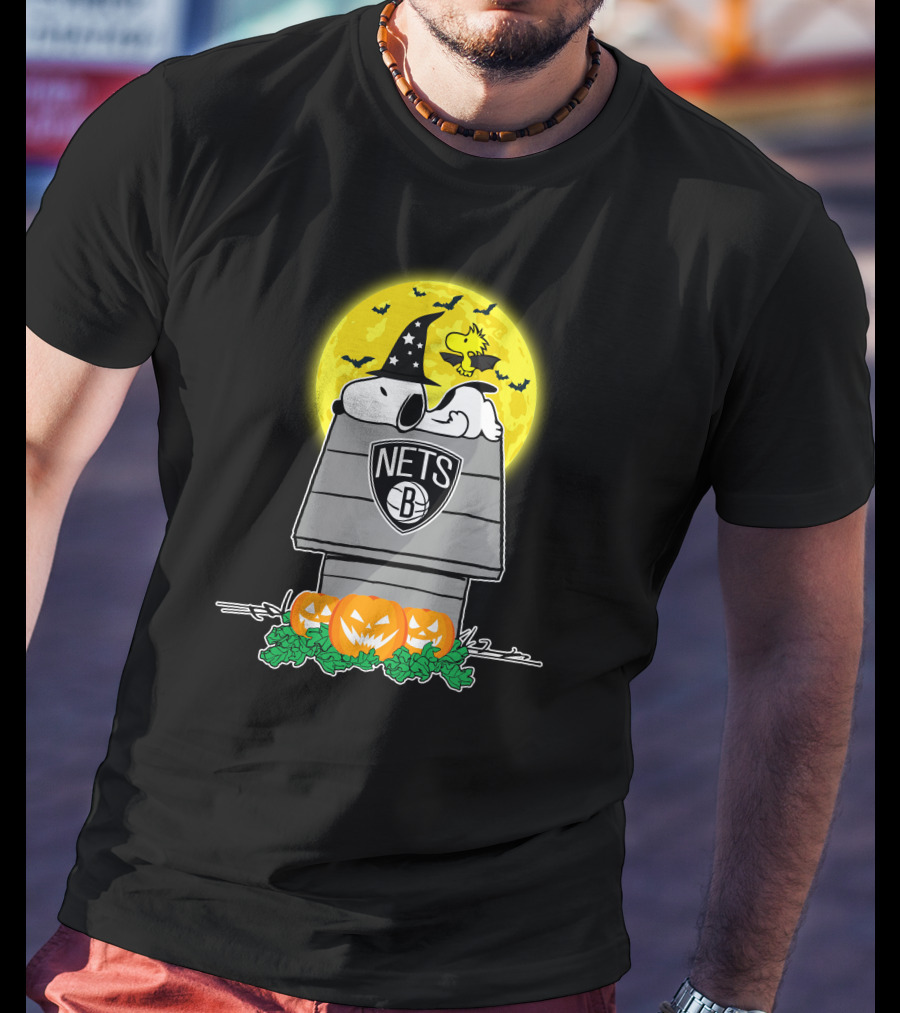 Brooklyn Nets Snoopy Halloween Moon With Pumpkins And Woodstock T-Shirt