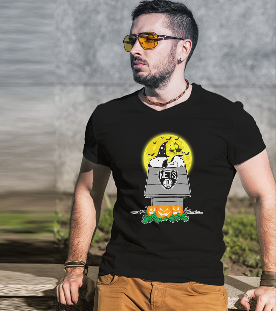 Brooklyn Nets Snoopy Halloween Moon With Pumpkins And Woodstock T-Shirt