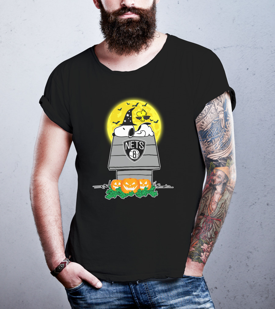 Brooklyn Nets Snoopy Halloween Moon With Pumpkins And Woodstock T-Shirt