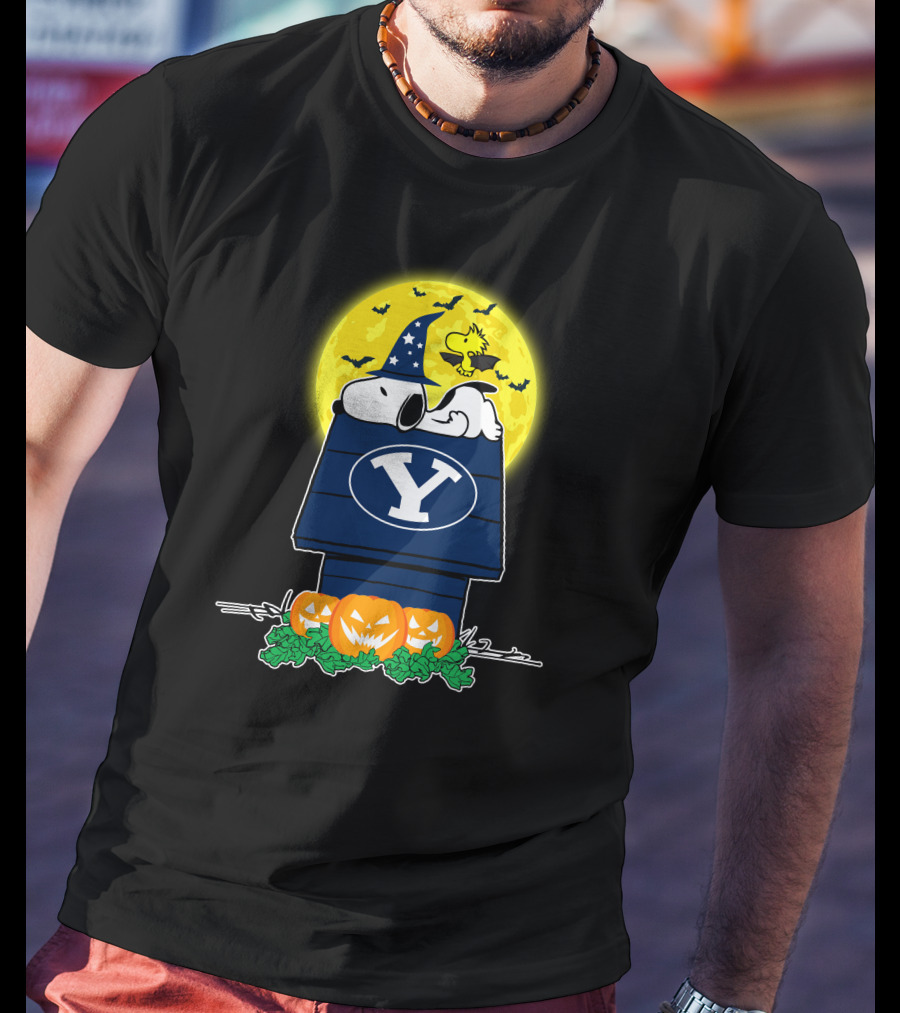 Byu Cougars Snoopy Woodstock Halloween Pumpkins Moon House T-Shirt
