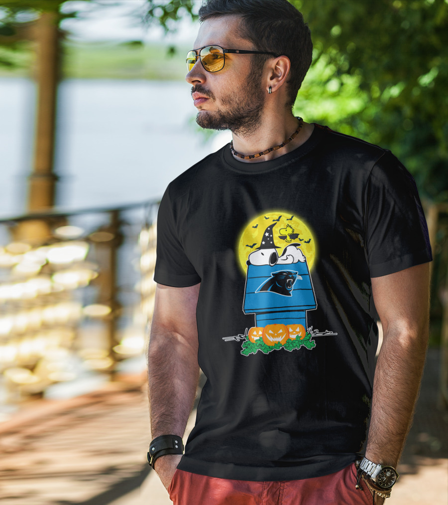 Carolina Panthers Snoopy Woodstock Halloween Pumpkins Moon House T-Shirt