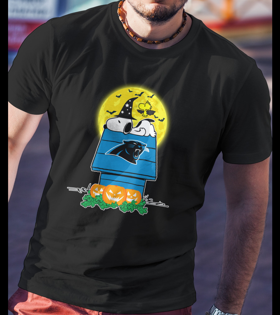 Carolina Panthers Snoopy Woodstock Halloween Pumpkins Moon House T-Shirt
