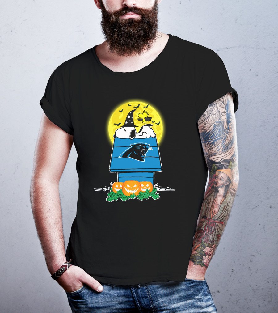 Carolina Panthers Snoopy Woodstock Halloween Pumpkins Moon House T-Shirt