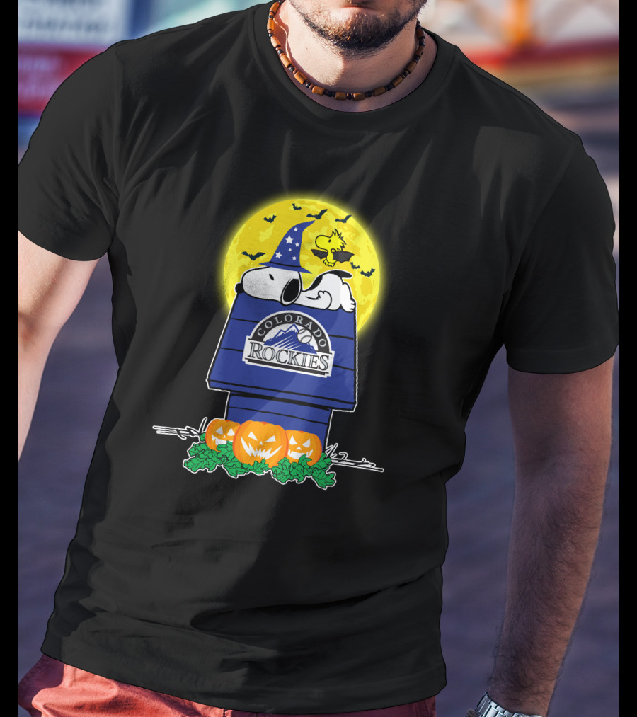 Colorado Rockies Snoopy Halloween Pumpkin Moon Woodstock T-Shirt