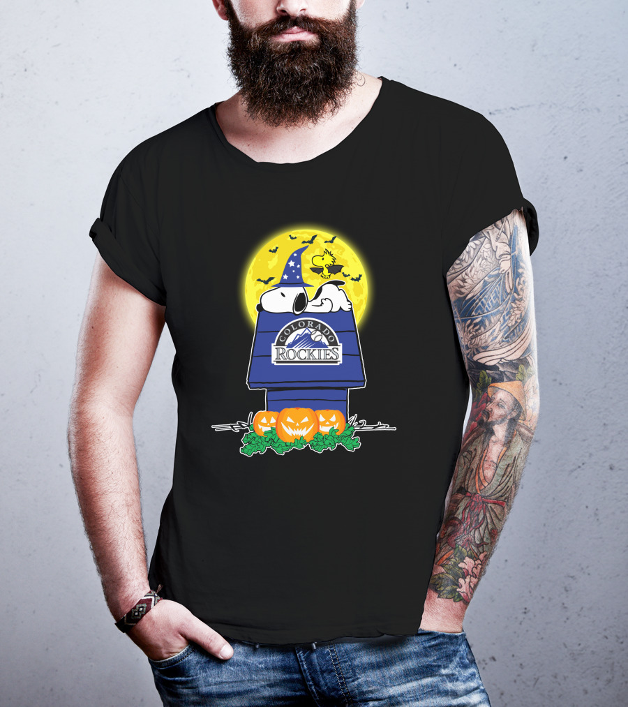 Colorado Rockies Snoopy Halloween Pumpkin Moon Woodstock T-Shirt