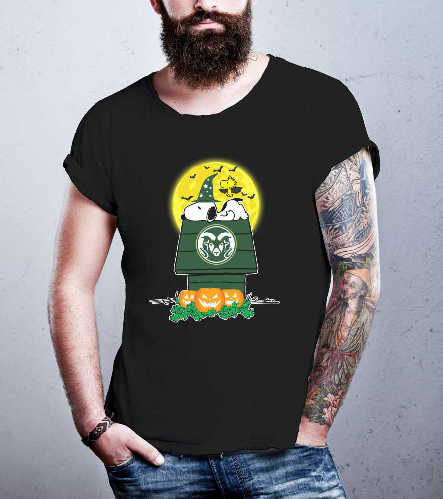 Colorado State Rams Snoopy Halloween Moon With Pumpkins And Woodstock On Doghouse T-Shirt