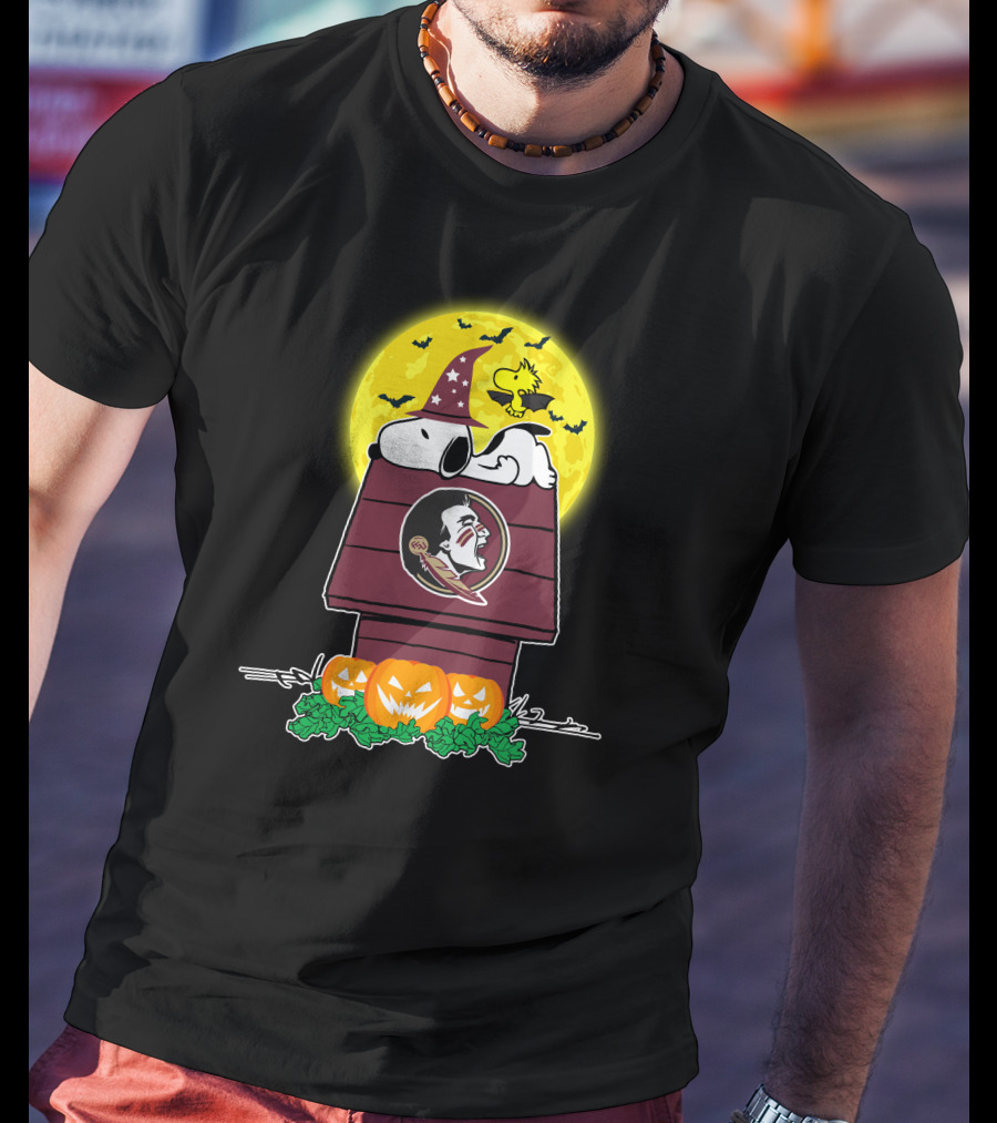 Florida State Seminoles Snoopy Halloween Peanuts Doghouse Pumpkins Moon Woodstock Bats T-Shirt
