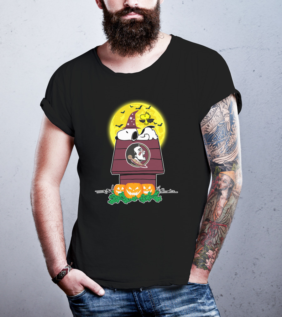 Florida State Seminoles Snoopy Halloween Peanuts Doghouse Pumpkins Moon Woodstock Bats T-Shirt
