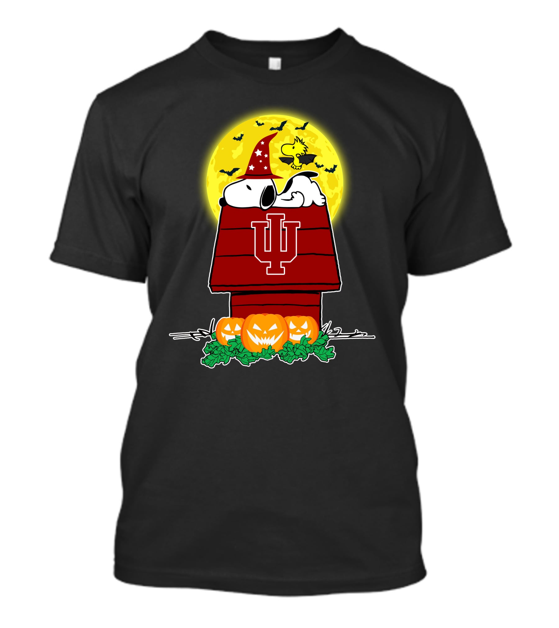 Indiana Hoosiers Snoopy Woodstock Halloween Pumpkins Moon Bats T-Shirt