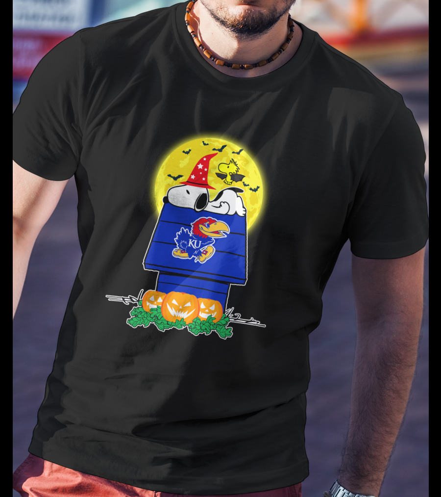 Kansas Jayhawks Snoopy Woodstock Halloween Full Moon Pumpkin House T-Shirt
