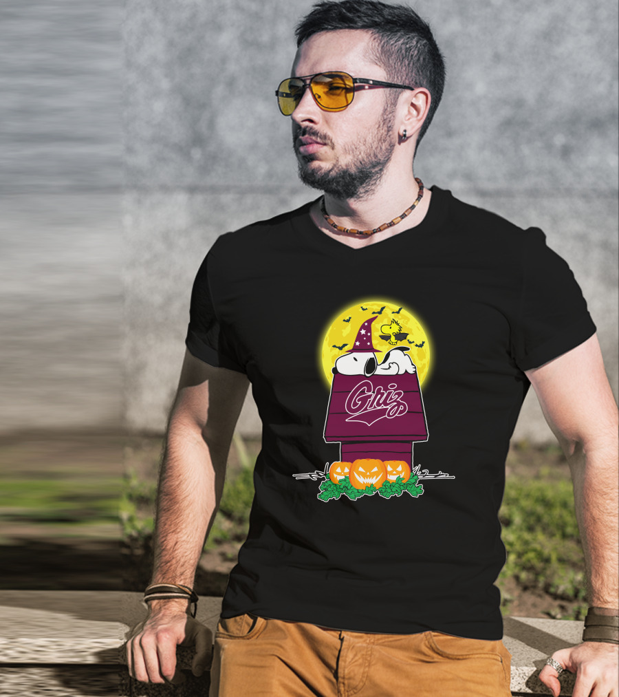 Montana Grizzlies Snoopy Woodstock Halloween Pumpkins Moon T-Shirt