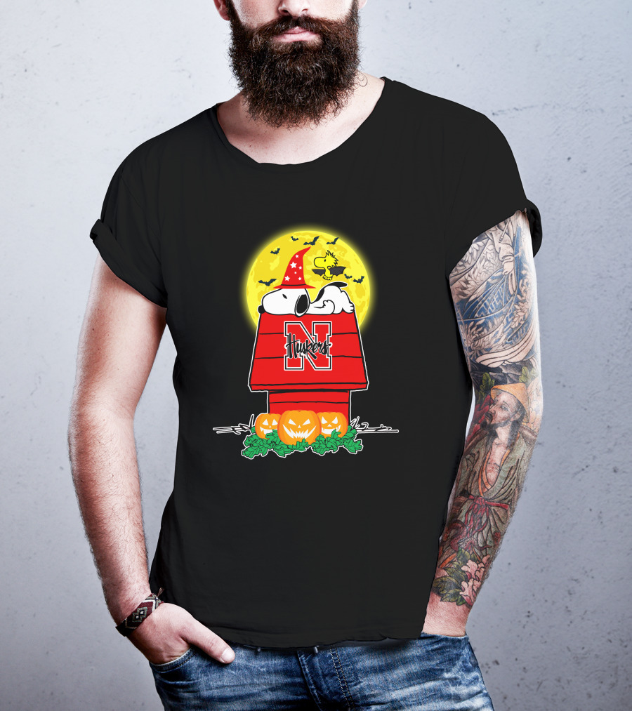 Snoopy Nebraska Cornhuskers Halloween Moon Pumpkins Woodstock T-Shirt