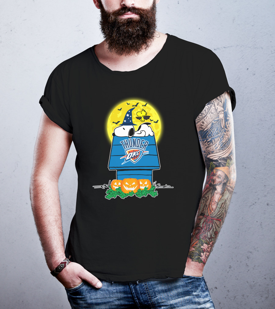 Oklahoma City Thunder Snoopy Halloween Moon Pumpkins T-Shirt