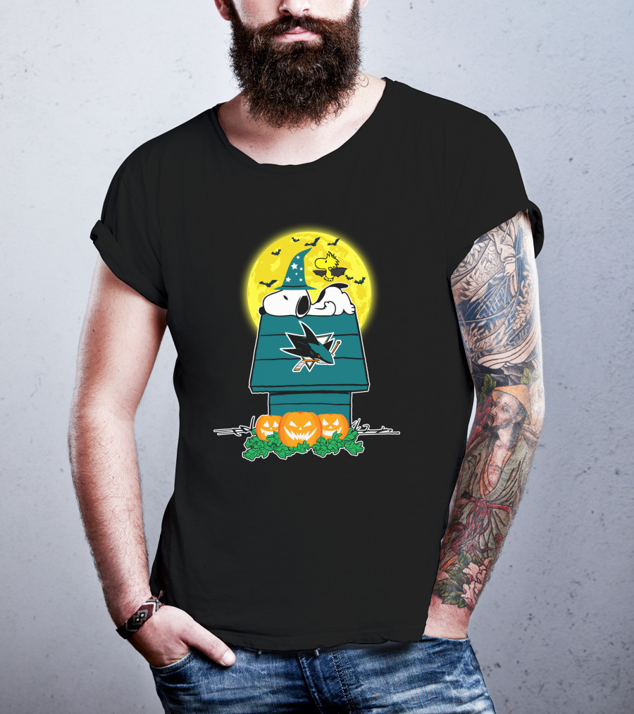 San Jose Sharks Snoopy Halloween Moon Wizard Woodstock Pumpkins T-Shirt