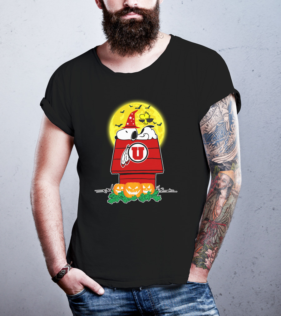 Utah Utes Snoopy Halloween Doghouse With Pumpkins And Full Moon T-Shirt