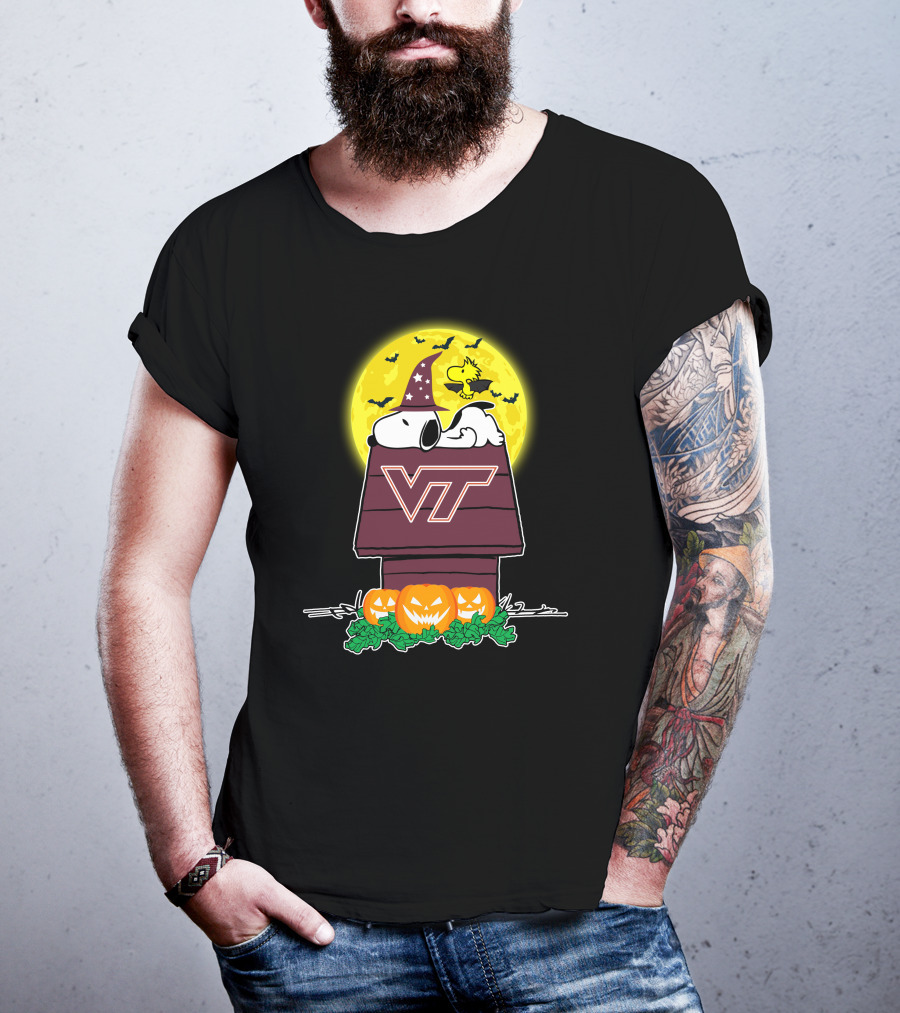Virginia Tech Hokies Snoopy Woodstock Halloween Pumpkins Moon Bats T-Shirt
