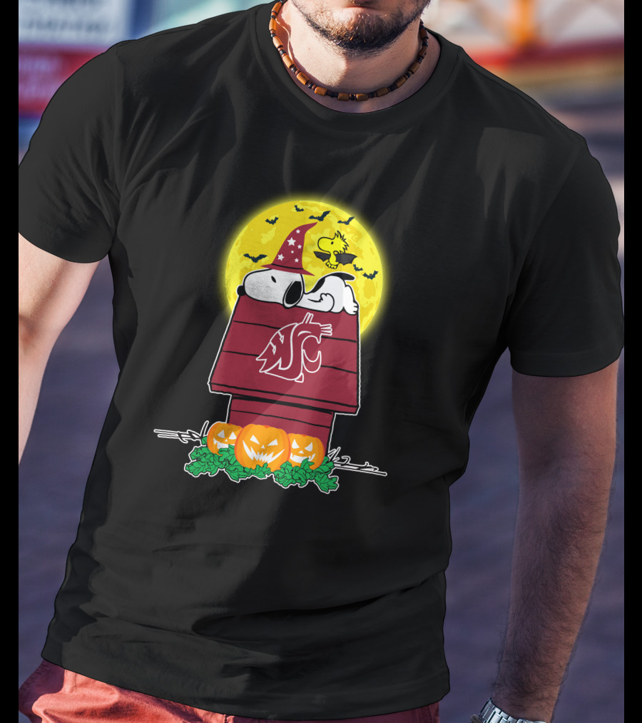 Washington State Cougars Snoopy Woodstock Halloween Pumpkins Full Moon T-Shirt