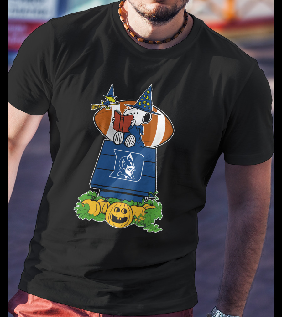 Duke Blue Devils Snoopy Halloween Peanuts Witch Woodstock Football Jack-O'-Lantern T-Shirt