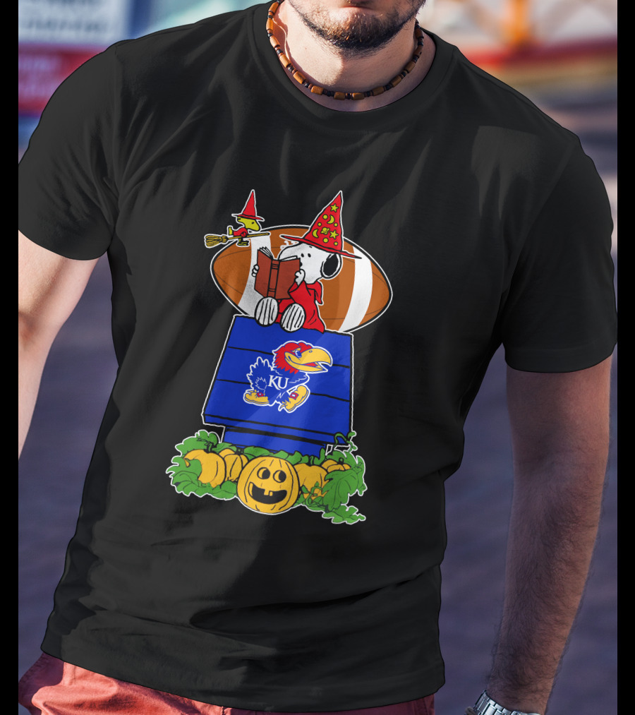 Kansas Jayhawks Snoopy Wizard Halloween Football Pumpkins T-Shirt