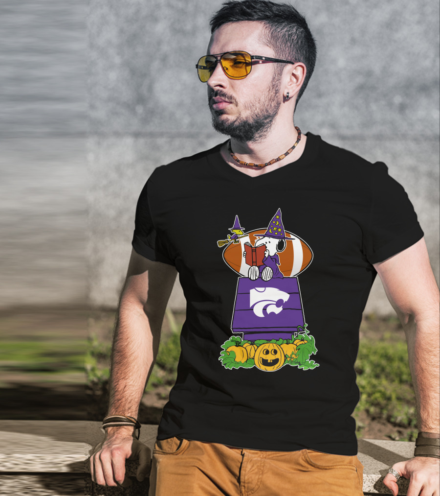 Kansas State Wildcats Snoopy Halloween Witch Hat Pumpkin Football Scene T-Shirt