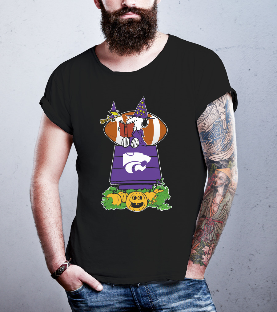 Kansas State Wildcats Snoopy Halloween Witch Hat Pumpkin Football Scene T-Shirt