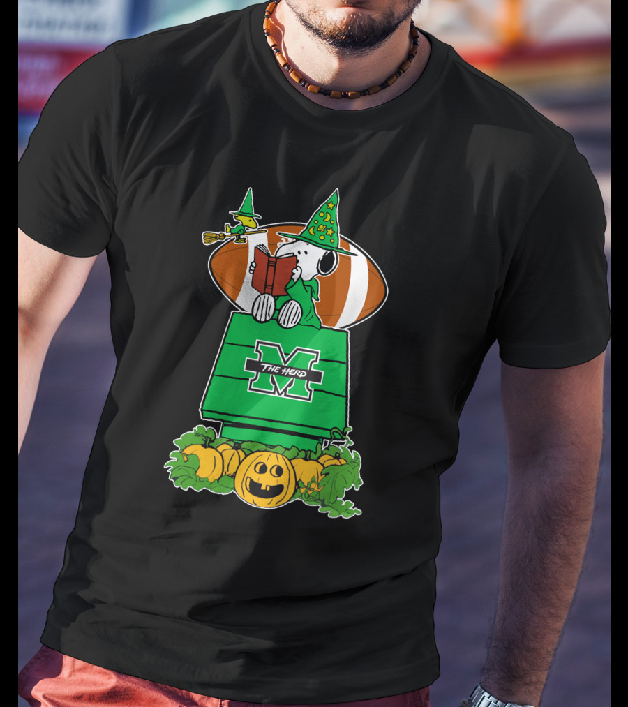 Marshall Thundering Herd Snoopy Halloween Witch Reading Book And Football T-Shirt