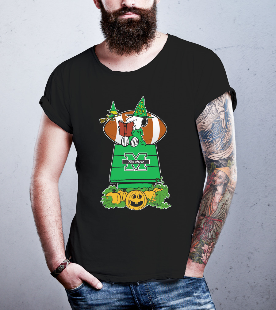 Marshall Thundering Herd Snoopy Halloween Witch Reading Book And Football T-Shirt