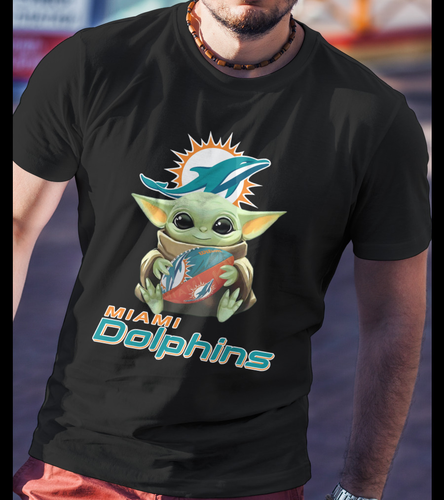 Miami Dolphins Baby Yoda Holding Football With Team T-Shirt