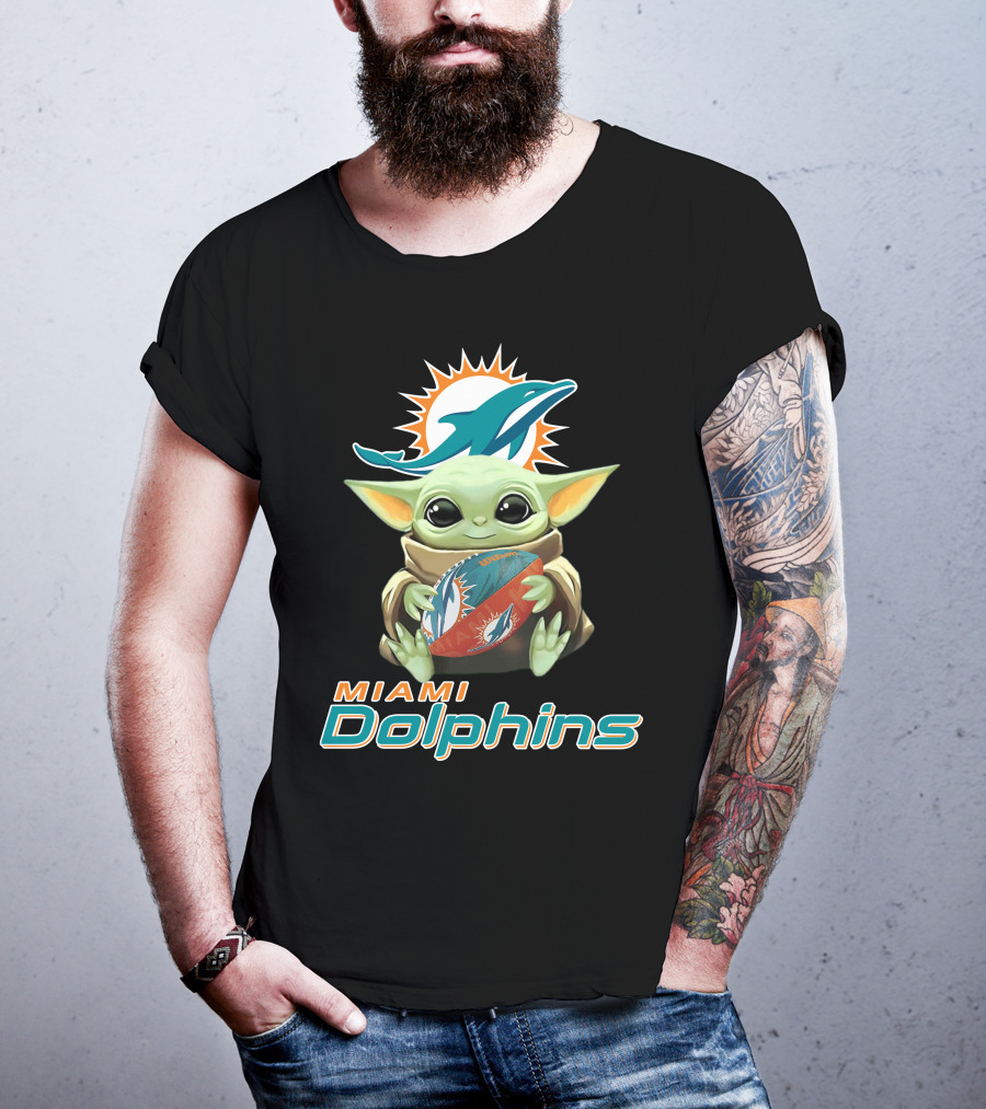 Miami Dolphins Baby Yoda Holding Football With Team T-Shirt