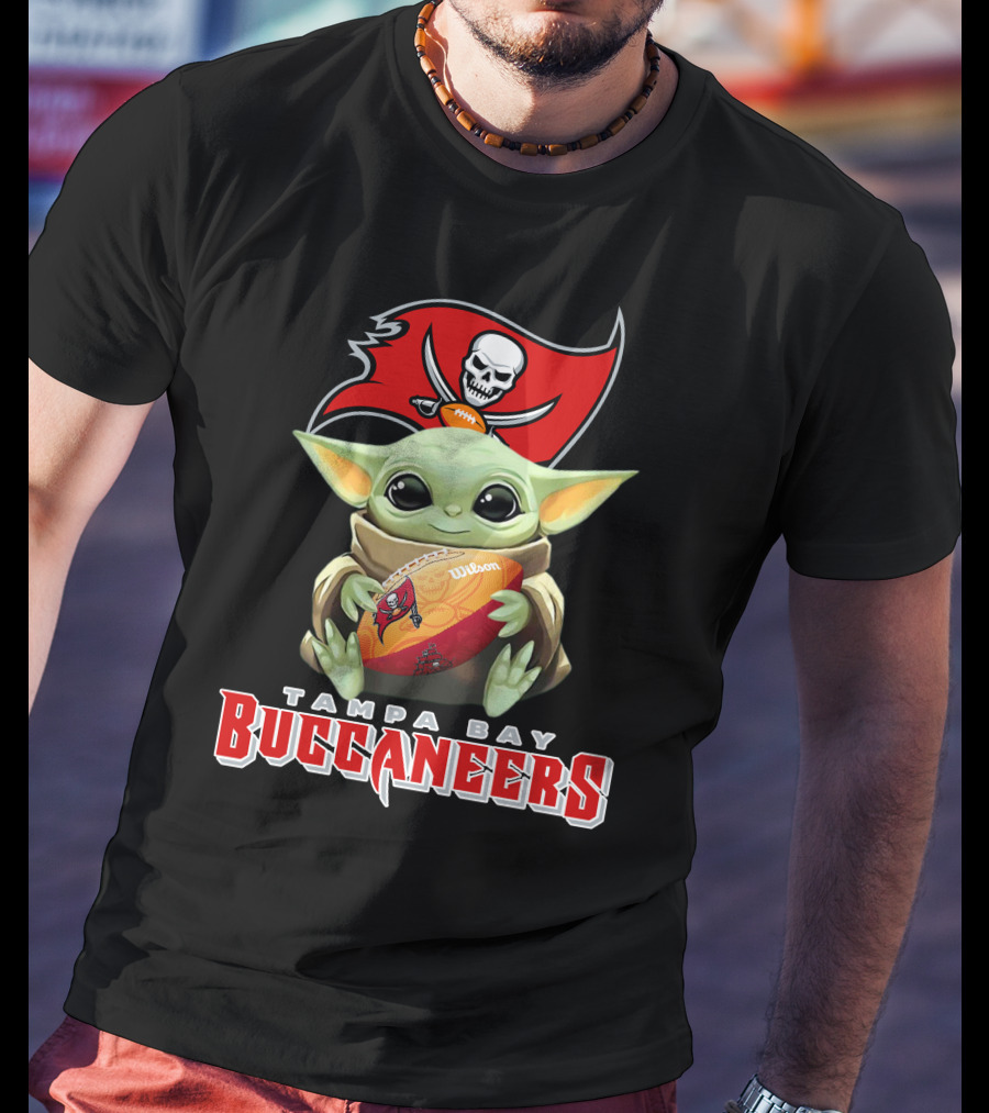 Tampa Bay Buccaneers Baby Yoda Holding Wilson Football T-Shirt