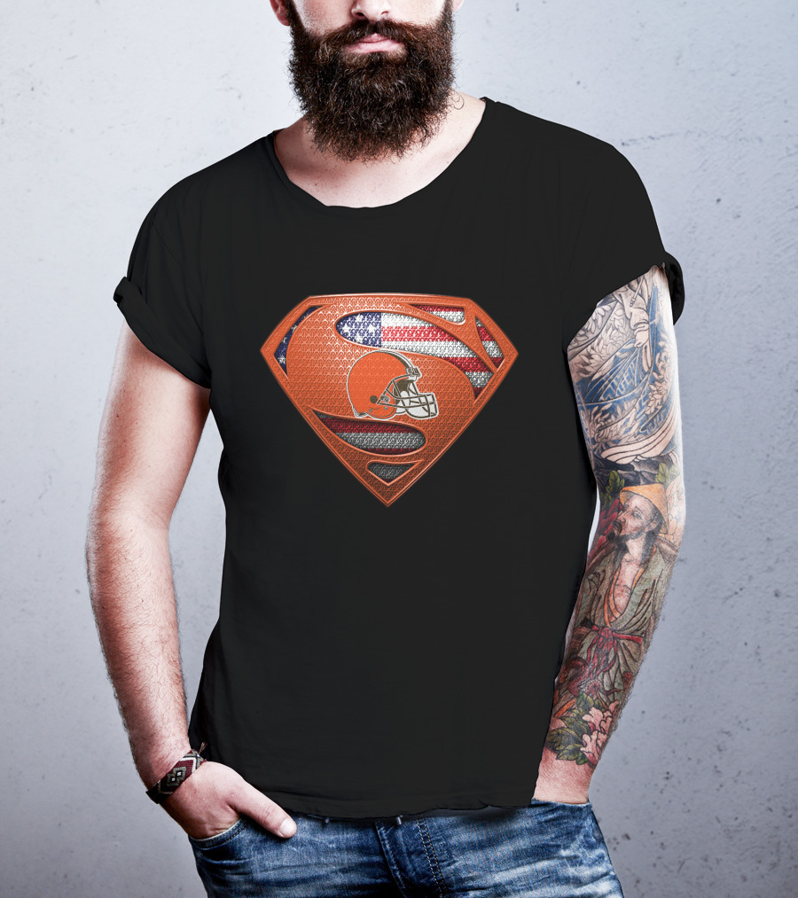 Cleveland Browns Superman Logo American Flag Helmet T-Shirt