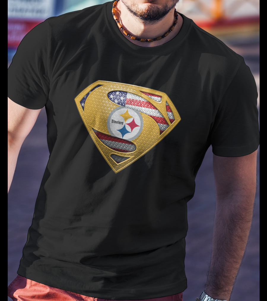 Pittsburgh Steelers American Flag Superman Shield Badge T-Shirt
