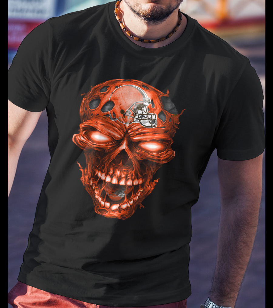 Cleveland Browns Helmet On Fiery Red Skull T-Shirt