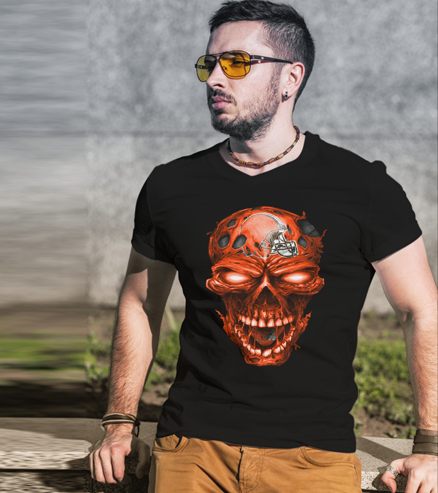 Cleveland Browns Helmet On Fiery Red Skull T-Shirt
