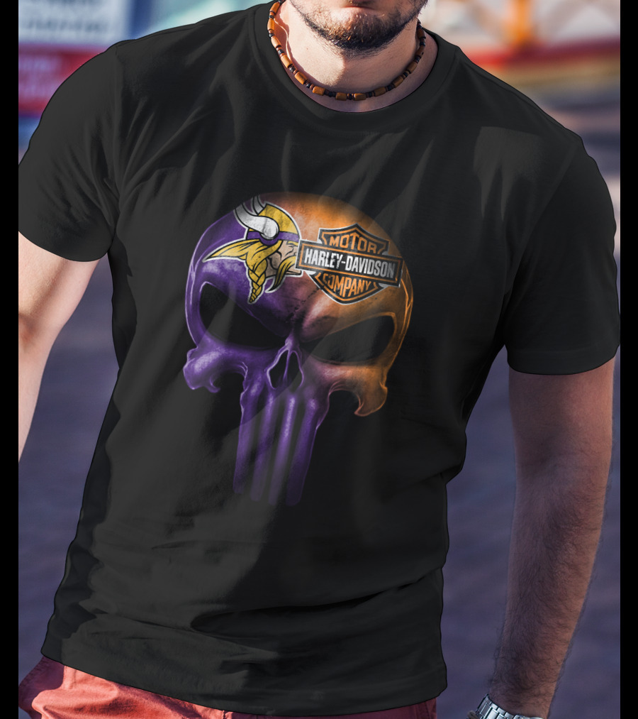 Minnesota Vikings Skull Harley Davidson Motor Company T-Shirt