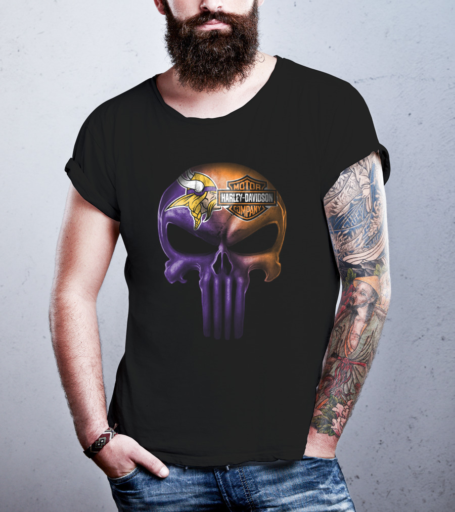Minnesota Vikings Skull Harley Davidson Motor Company T-Shirt
