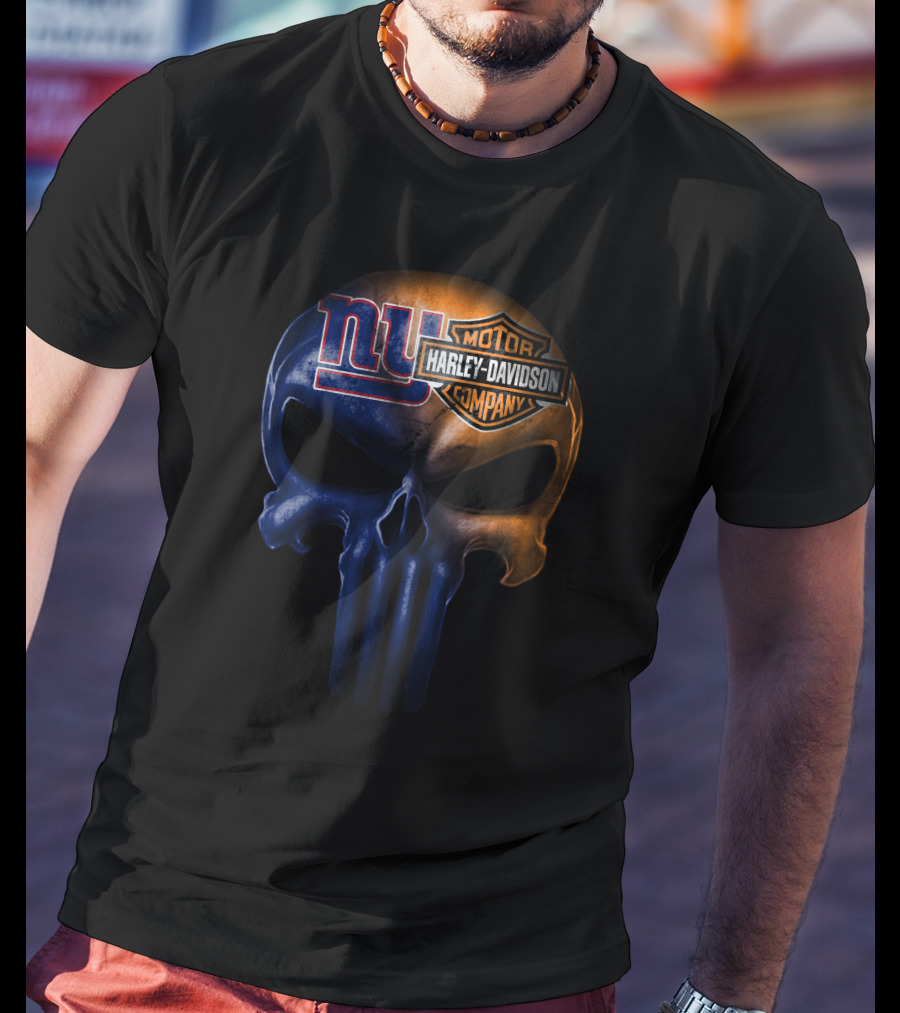 New York Giants Harley Davidson Skull Logo Combination T-Shirt