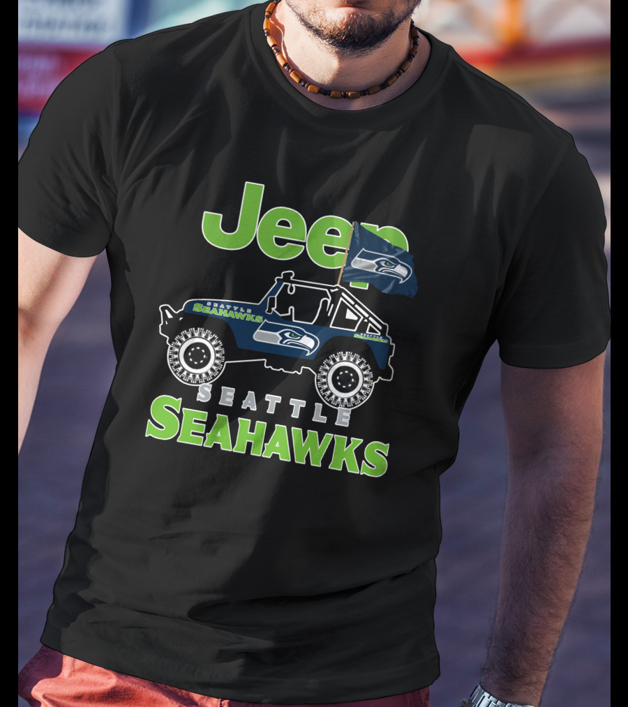 Jeep Seattle Seahawks Team Logo With Flag And Off-Road Vehicle T-Shirt