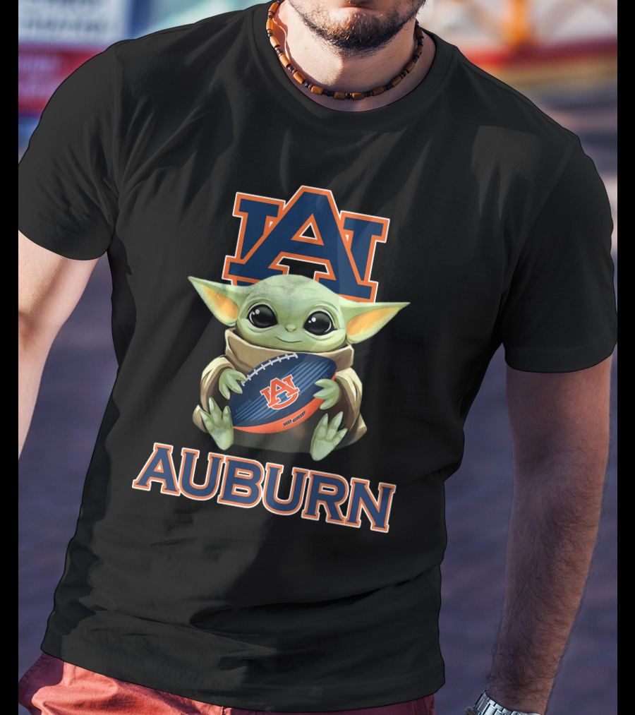 Auburn Tigers Baby Yoda Holding Football With Auburn T-Shirt