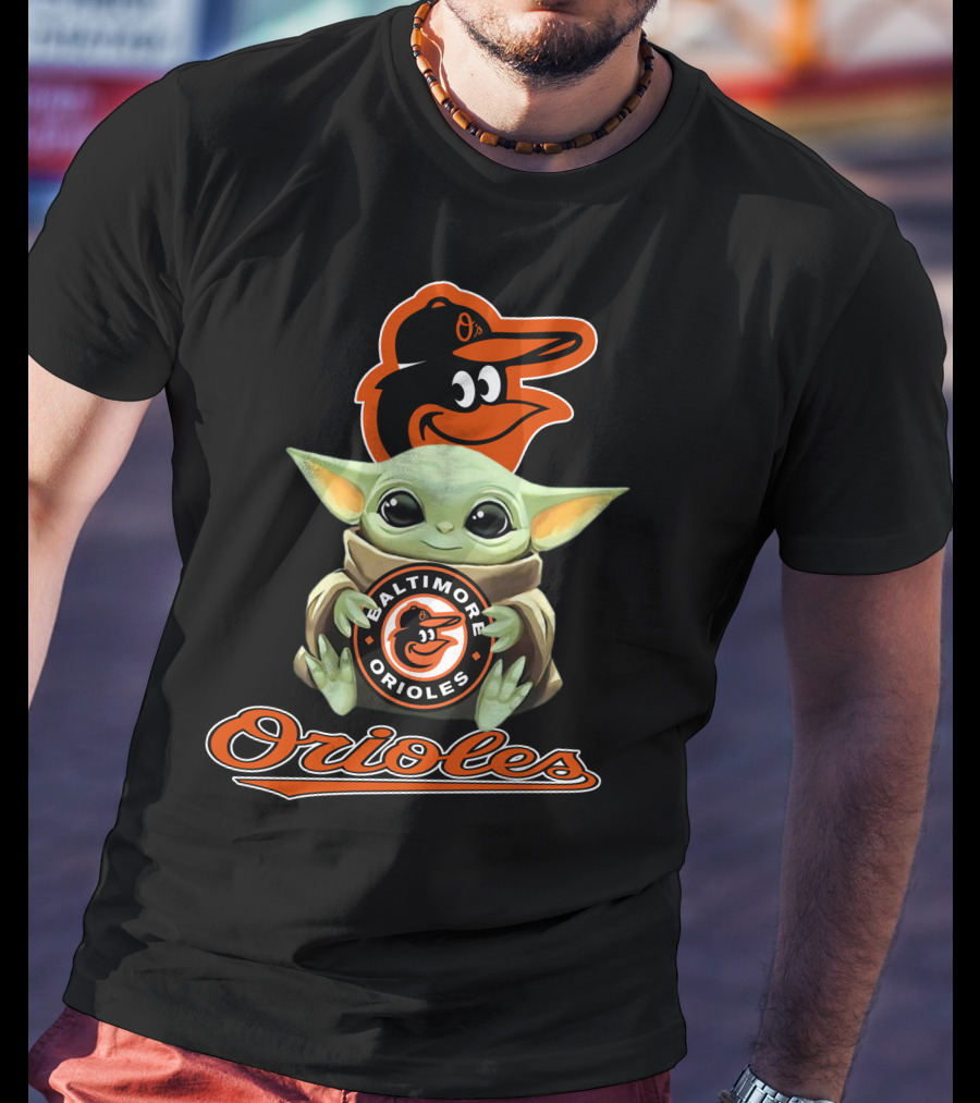 Baltimore Orioles Baby Yoda Holding Logo With Mascot And Team Name T-Shirt