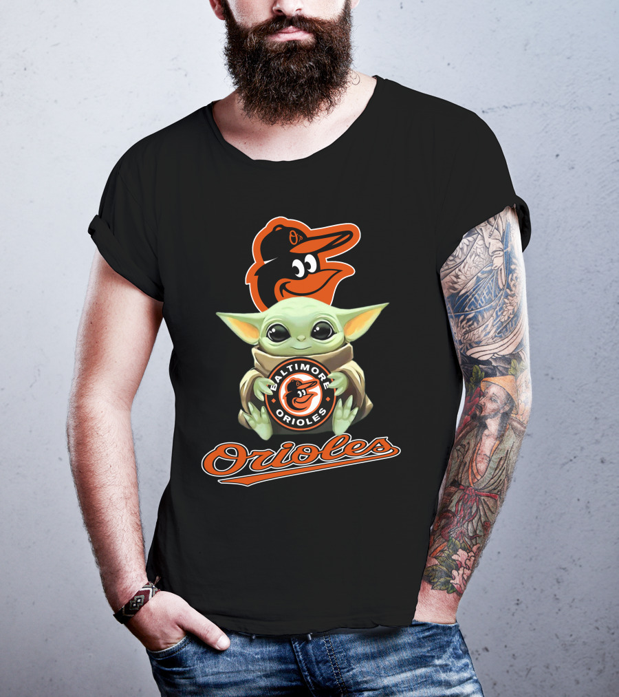 Baltimore Orioles Baby Yoda Holding Logo With Mascot And Team Name T-Shirt