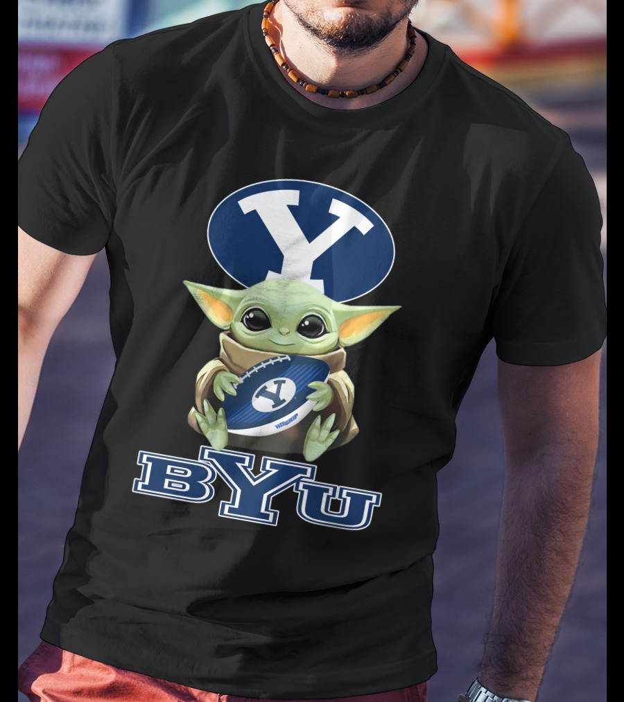 Byu Cougars Baby Yoda Holding Football With Byu T-Shirt