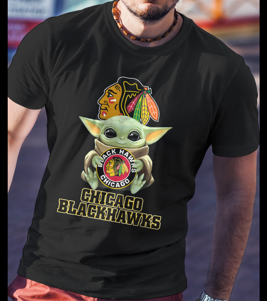 Chicago Blackhawks Baby Yoda Holding Blackhawks T-Shirt