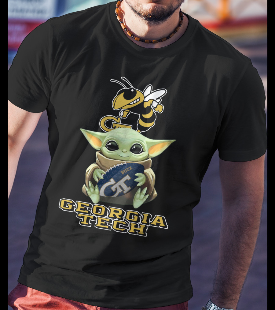 Georgia Tech Yellow Jackets Baby Yoda Holding Buzz Football T-Shirt