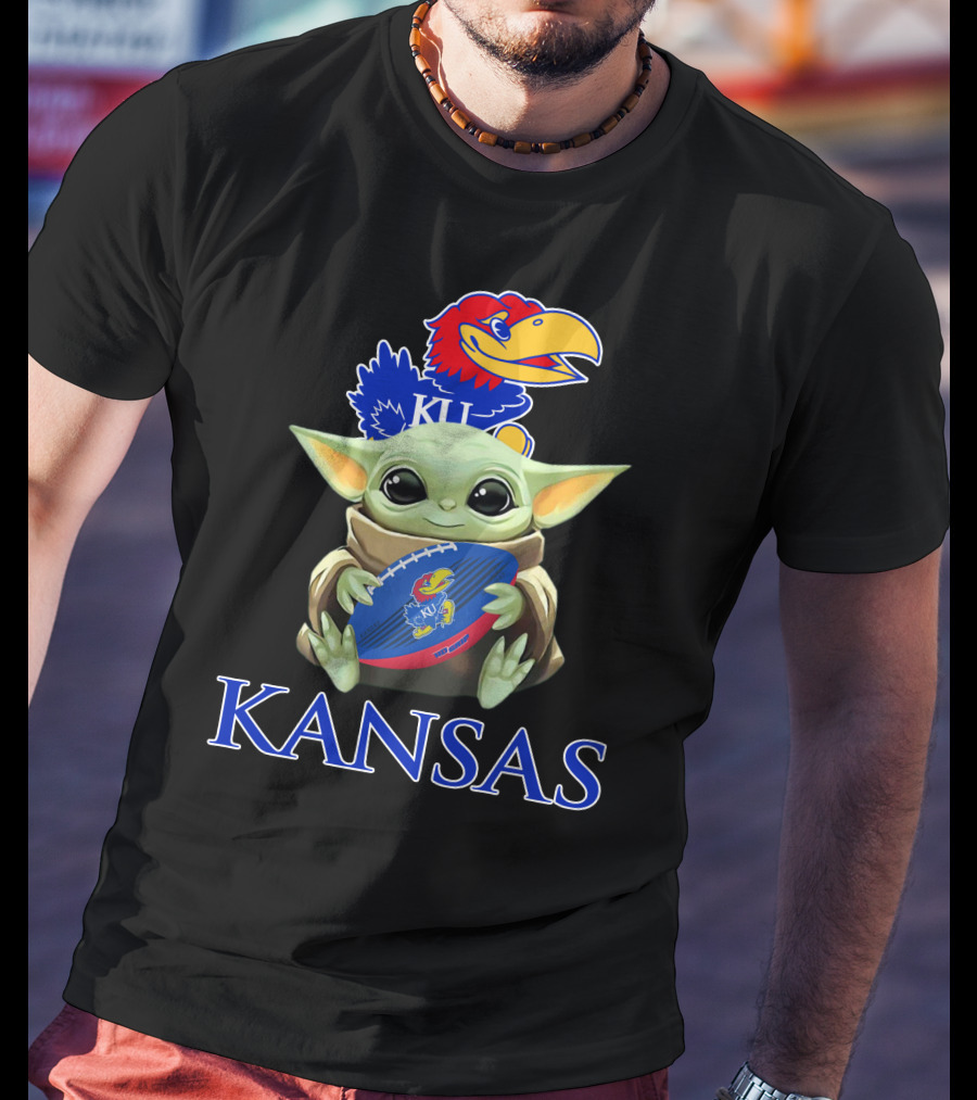 Kansas Jayhawks Baby Yoda Football Holding Ku T-Shirt