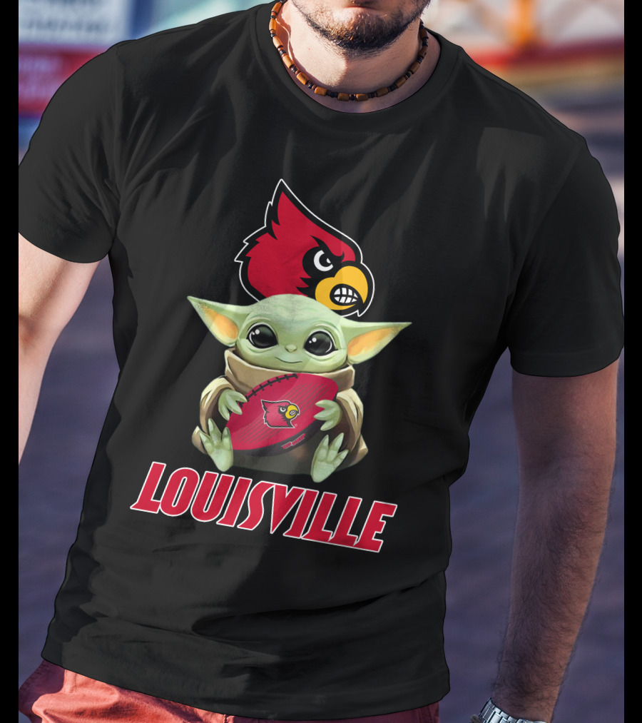 Louisville Cardinals Baby Yoda Holding Football T-Shirt