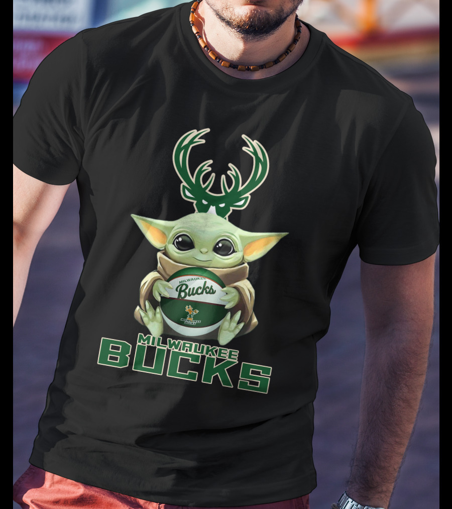 Milwaukee Bucks Baby Yoda Holding Bucks Basketball Star Wars Crossover T-Shirt