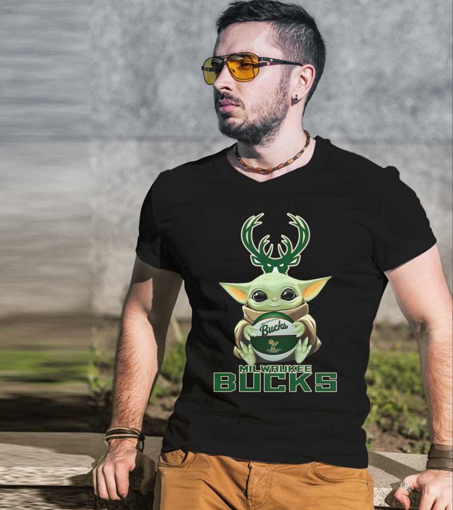 Milwaukee Bucks Baby Yoda Holding Bucks Basketball Star Wars Crossover T-Shirt