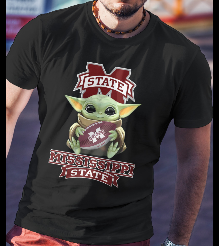 Mississippi State Bulldogs Baby Yoda Holding Football T-Shirt